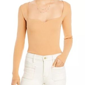 AQUA Sweetheart Neckline Bodysuit in Tan | Size S